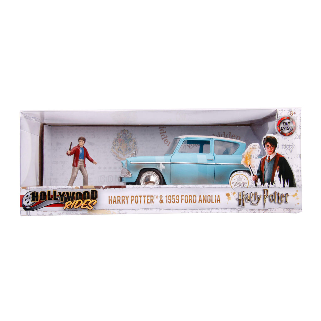 Harry Potter Ford Anglia - Coche fundido a presión y figura de Harry Potter de 2.75 pulgadas