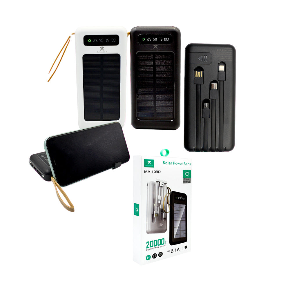 Power bank batería portátil con panel solar, puerto usb, puerto tipoc-v8 y lightning, 20000mah, variedad de colores / ma-103d